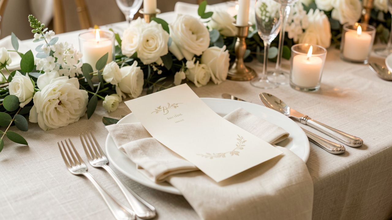 Carte de menu de mariage élégante et vierge, posée sur une table raffinée avec fleurs blanches, feuillage, couverts argentés et bougies.