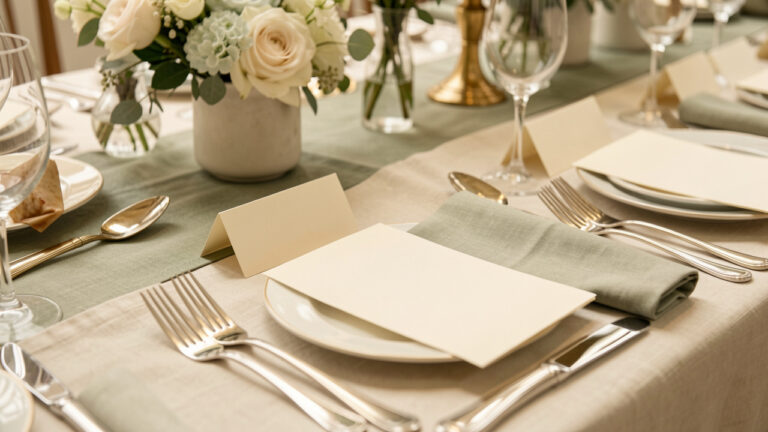 Table élégante dressée avec des menus et cartes de table vierges, de la vaisselle raffinée, des serviettes en lin et une décoration florale délicate.