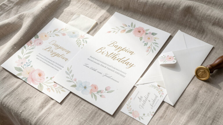 Papeterie de cérémonie coordonnée pour baptême ou anniversaire, avec faire-part, enveloppes et étiquettes de table assorties, disposée sur une table en lin, à la lumière naturelle.