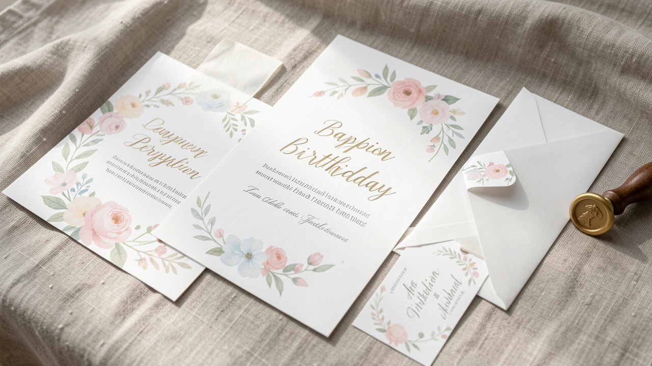 Papeterie de cérémonie coordonnée pour baptême ou anniversaire, avec faire-part, enveloppes et étiquettes de table assorties, disposée sur une table en lin, à la lumière naturelle.