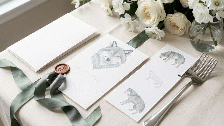 Ensemble raffiné de papeterie de mariage sur le thème du loup, avec cartes vierges, sceaux de cire, ruban en soie, fleurs blanches et silhouettes de loups dans des tons ivoire, gris ardoise et vert forêt.