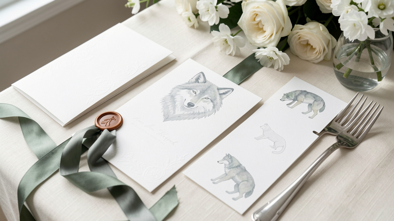 Ensemble raffiné de papeterie de mariage sur le thème du loup, avec cartes vierges, sceaux de cire, ruban en soie, fleurs blanches et silhouettes de loups dans des tons ivoire, gris ardoise et vert forêt.