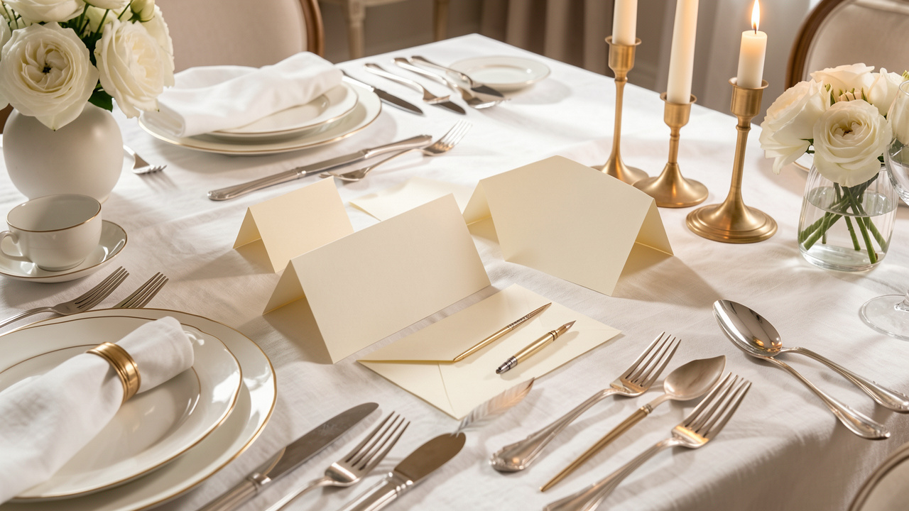 Papeterie de table ivoire et accessoires raffinés disposés sur une table élégante pour une grande célébration.