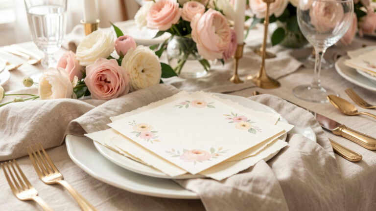 Papeterie de table fleurie et personnalisée, composée de cartes vierges, de fleurs pastel, de serviettes en lin et de détails dorés sur une table élégamment dressée.