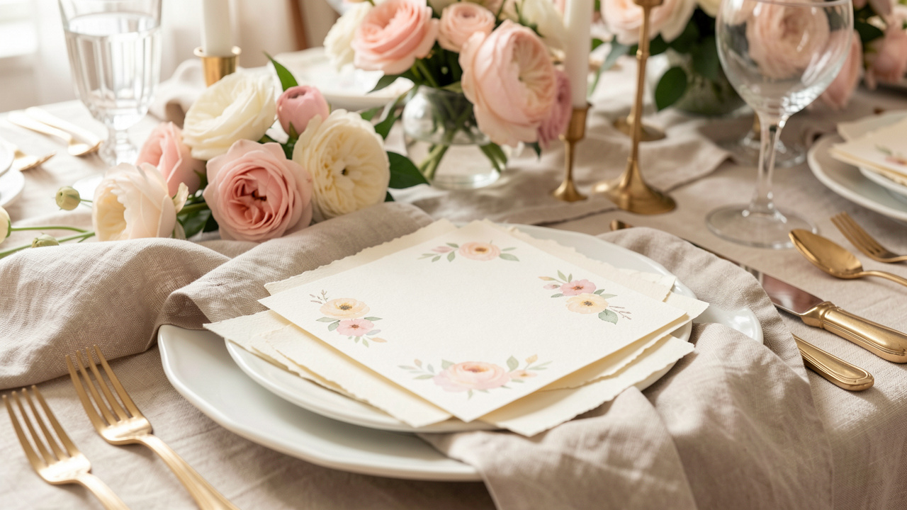 Papeterie de table fleurie et personnalisée, composée de cartes vierges, de fleurs pastel, de serviettes en lin et de détails dorés sur une table élégamment dressée.