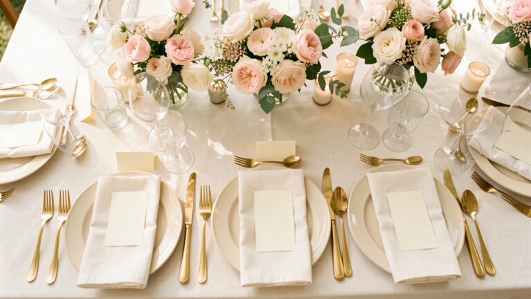 Vue élégante d’une table de mariage organisée avec des cartes vierges, de la vaisselle raffinée, des serviettes en lin et des compositions florales.