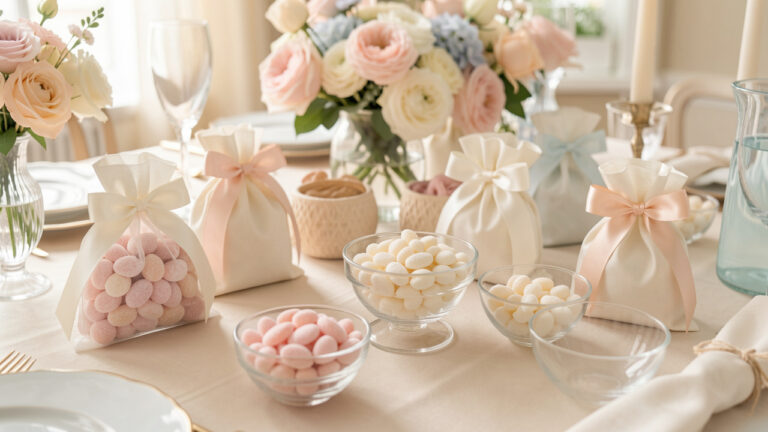Table de fête élégante avec des dragées pastel réparties en petites portions, des coupelles en verre, des sachets ivoire et des rubans satinés.