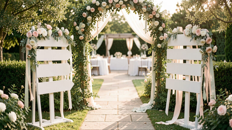 Décoration élégante d’une entrée de mariage avec des panneaux directionnels vierges ornés de fleurs et de rubans, installés le long d’une allée de jardin.