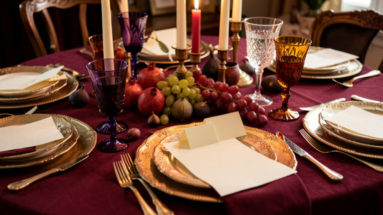 Table de fête élégante inspirée de Balthazar, décorée de vaisselle dorée, de fruits colorés, de bougies et de cartes en papier vierges.