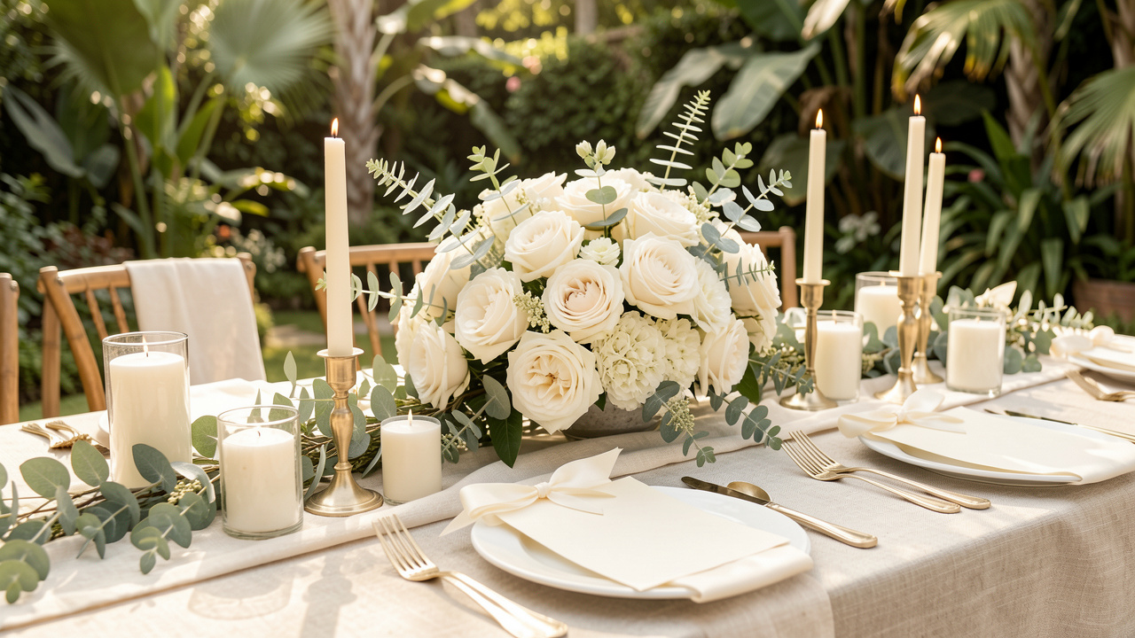 Décoration élégante de cérémonie dans un lieu botanique lumineux, avec fleurs ivoire, feuillage vert sauge, lin naturel, bougies et cartes en papier vierges assorties.