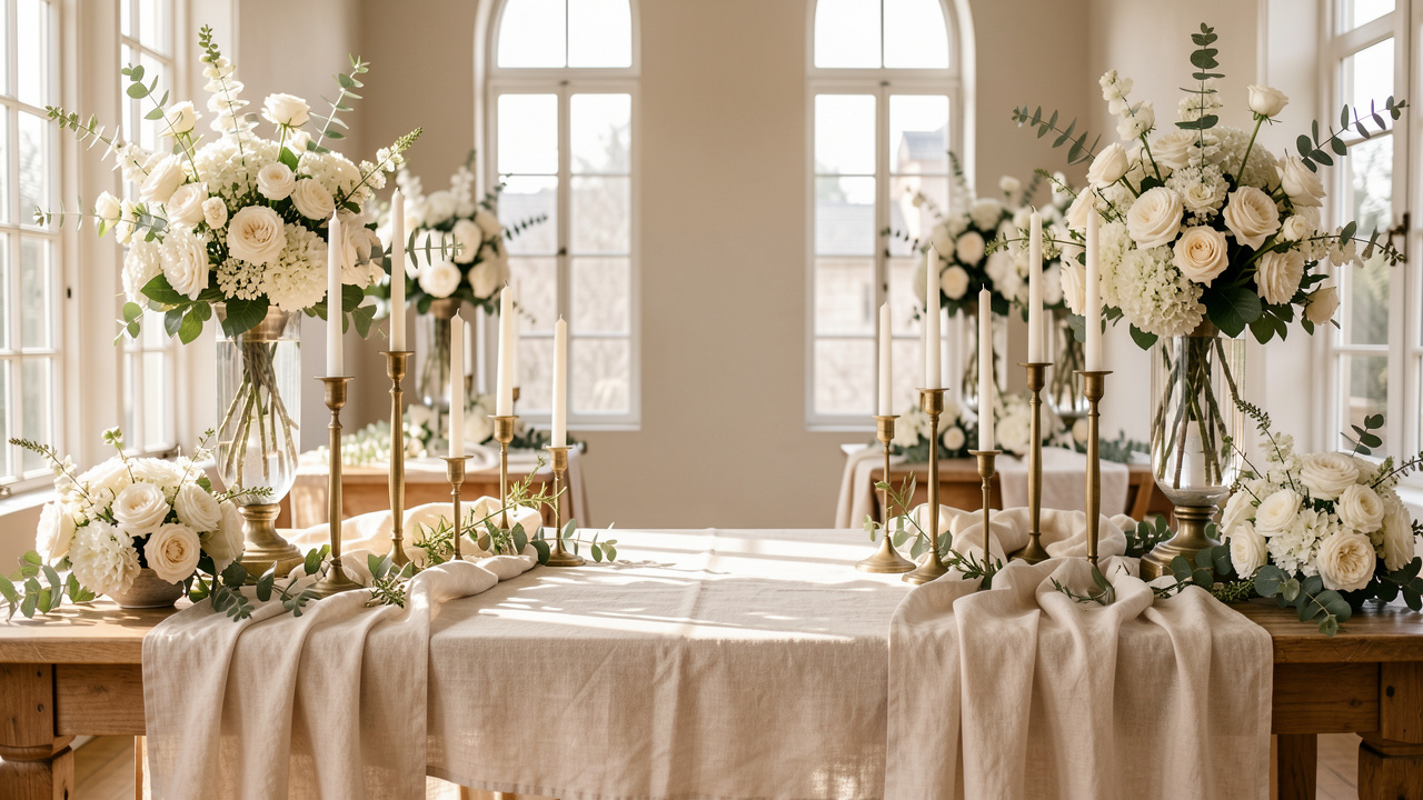 Décoration élégante et intemporelle pour une cérémonie, avec fleurs ivoire, bougies, feuillage délicat et matières naturelles.