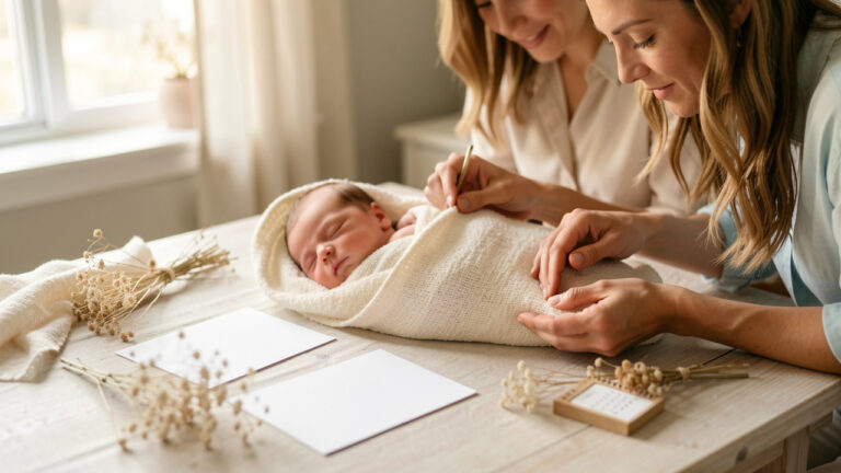 Un bébé endormi près de cartes vierges, de fleurs séchées et d’un calendrier sans inscription, préparés avec soin par ses parents.