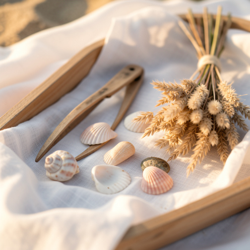 Décoration de mariage sur le thème de la plage : une tong personnalisée posée avec des coquillages, du lin blanc et un petit bouquet d’herbes séchées, éclairage doré naturel.