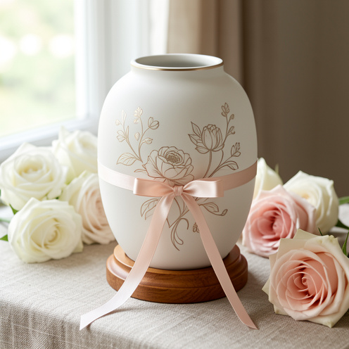 Urne de mariage personnalisée en céramique et bois, ornée de motifs floraux et rubans délicats, posée sur une table en lin avec des fleurs blanches et roses.