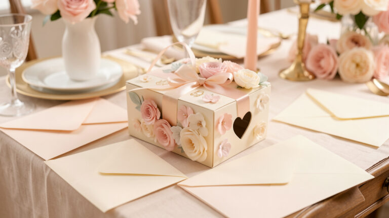 Urne d’anniversaire décorée de fleurs pastel et d’un ruban, entourée d’enveloppes et de cartes vierges sur une table de fête.