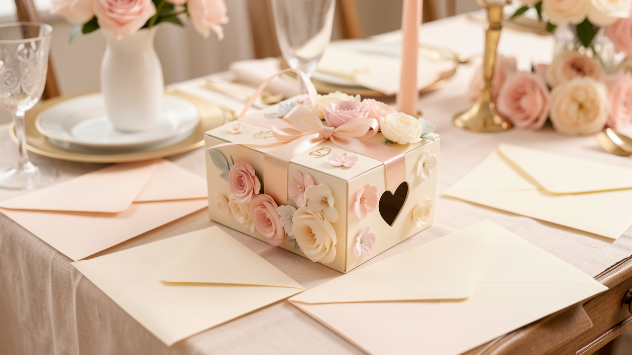 Urne d’anniversaire décorée de fleurs pastel et d’un ruban, entourée d’enveloppes et de cartes vierges sur une table de fête.