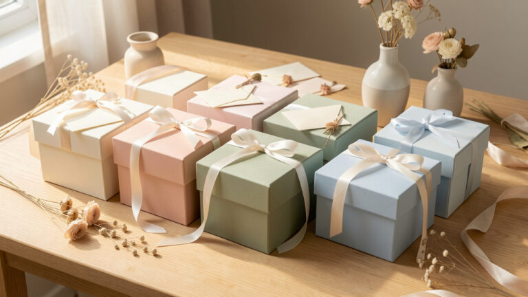 Six urnes de baptême élégantes dans des tons pastel, décorées de rubans, de petites enveloppes et de fleurs séchées sur une table en bois clair.