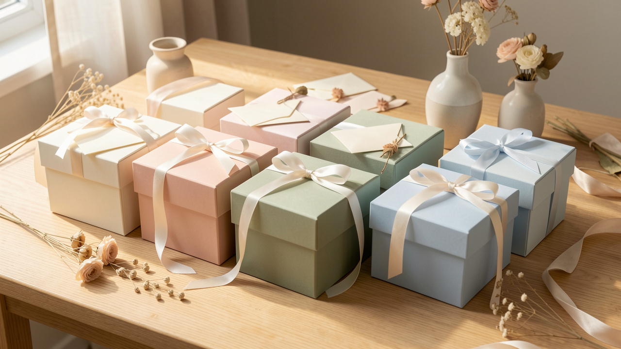 Six urnes de baptême élégantes dans des tons pastel, décorées de rubans, de petites enveloppes et de fleurs séchées sur une table en bois clair.