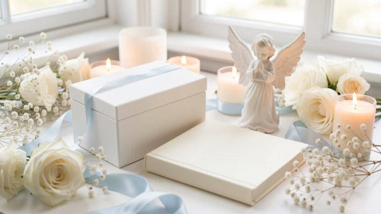 Décoration douce et symbolique avec une urne blanche, un livre d’or vierge, une figurine d’ange, des fleurs ivoire et des rubans bleu pâle.