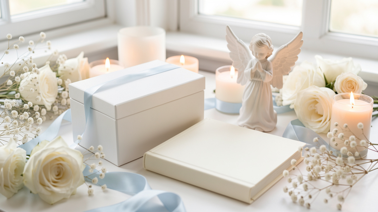 Décoration douce et symbolique avec une urne blanche, un livre d’or vierge, une figurine d’ange, des fleurs ivoire et des rubans bleu pâle.