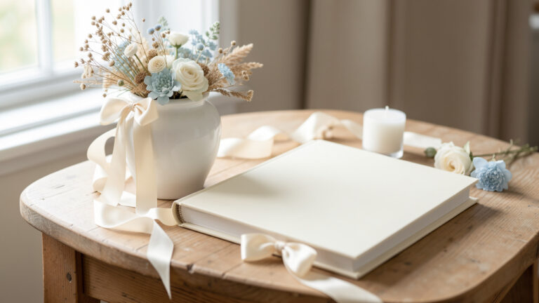 Urne blanche et livre d’or à couverture vierge, décorés de rubans ivoire, de fleurs séchées et de délicates touches bleu pâle pour célébrer un baptême.