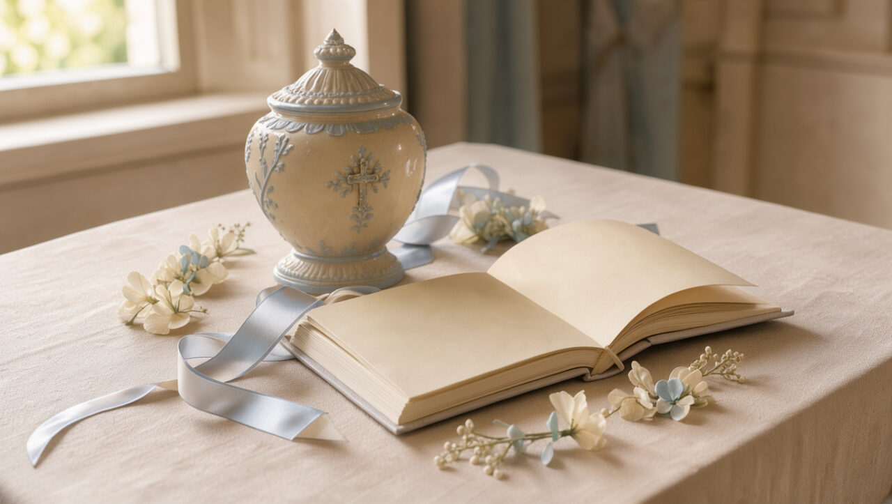 Urne décorative et livre d’or vierge disposés sur une table de baptême avec des ornements floraux aux tons pastel.