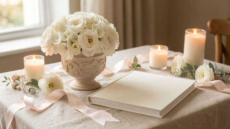 Une urne décorative artisanale et un livre d’or vierge disposés sur une table habillée de lin, entourés de fleurs ivoire, de rubans pastel et de bougies dans une ambiance douce et élégante.