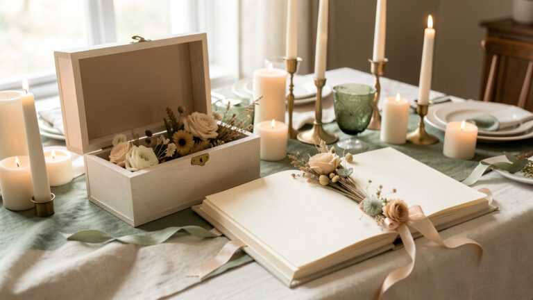 Une urne décorative et un livre d’or ouvert, ornés de fleurs séchées et de rubans, installés sur une table élégante pour une fête pleine de sens.
